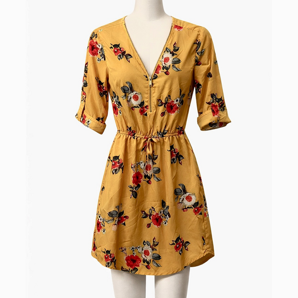 Stella tweed Dresses & Skirts - Stella tweed Mustard Floral Bohemian Empire Waist summer Dress 3/4 sleeve cuffed